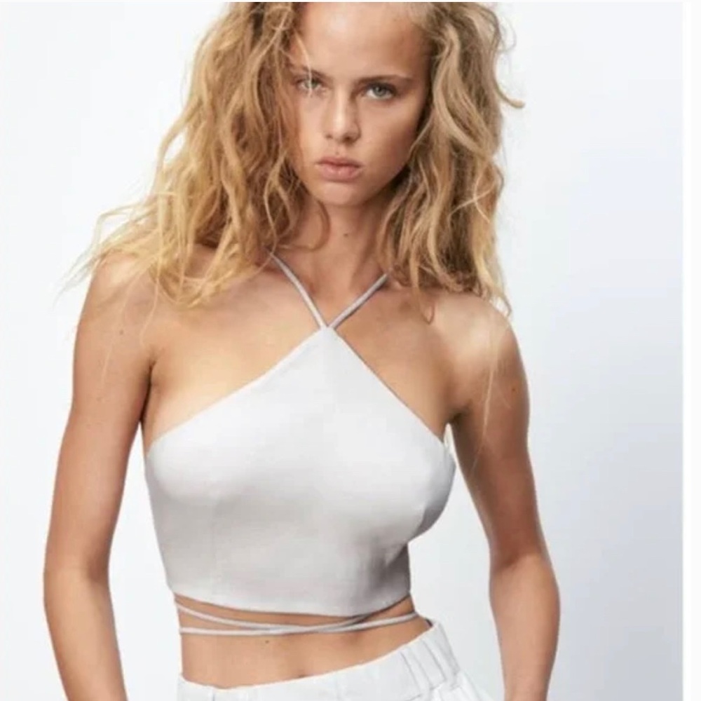 NWT Zara Linen Blend Halter Crop Top Gray size Small